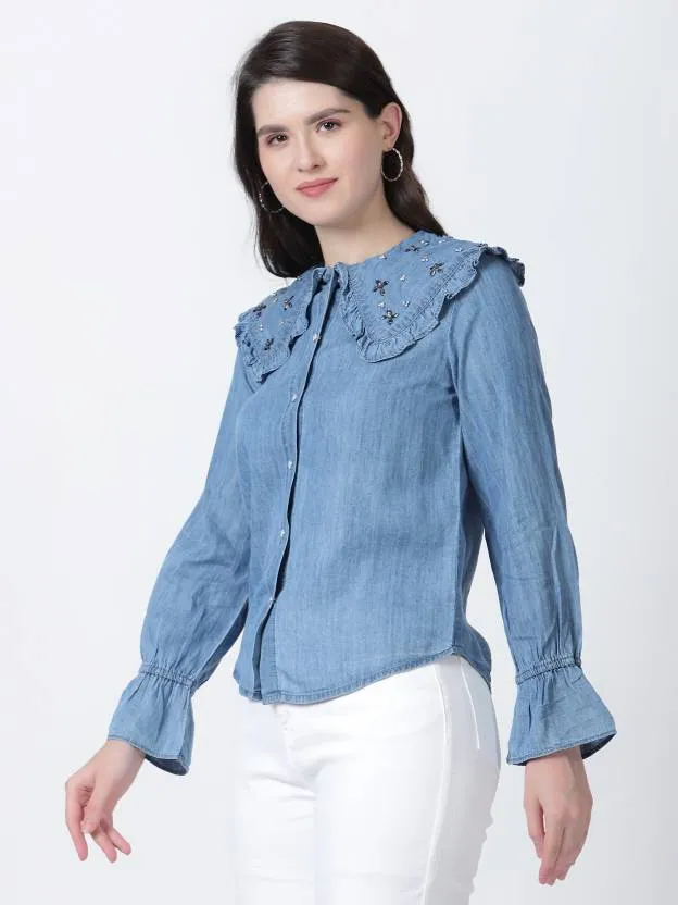 Blue Solid Peter Pan Collar Top,