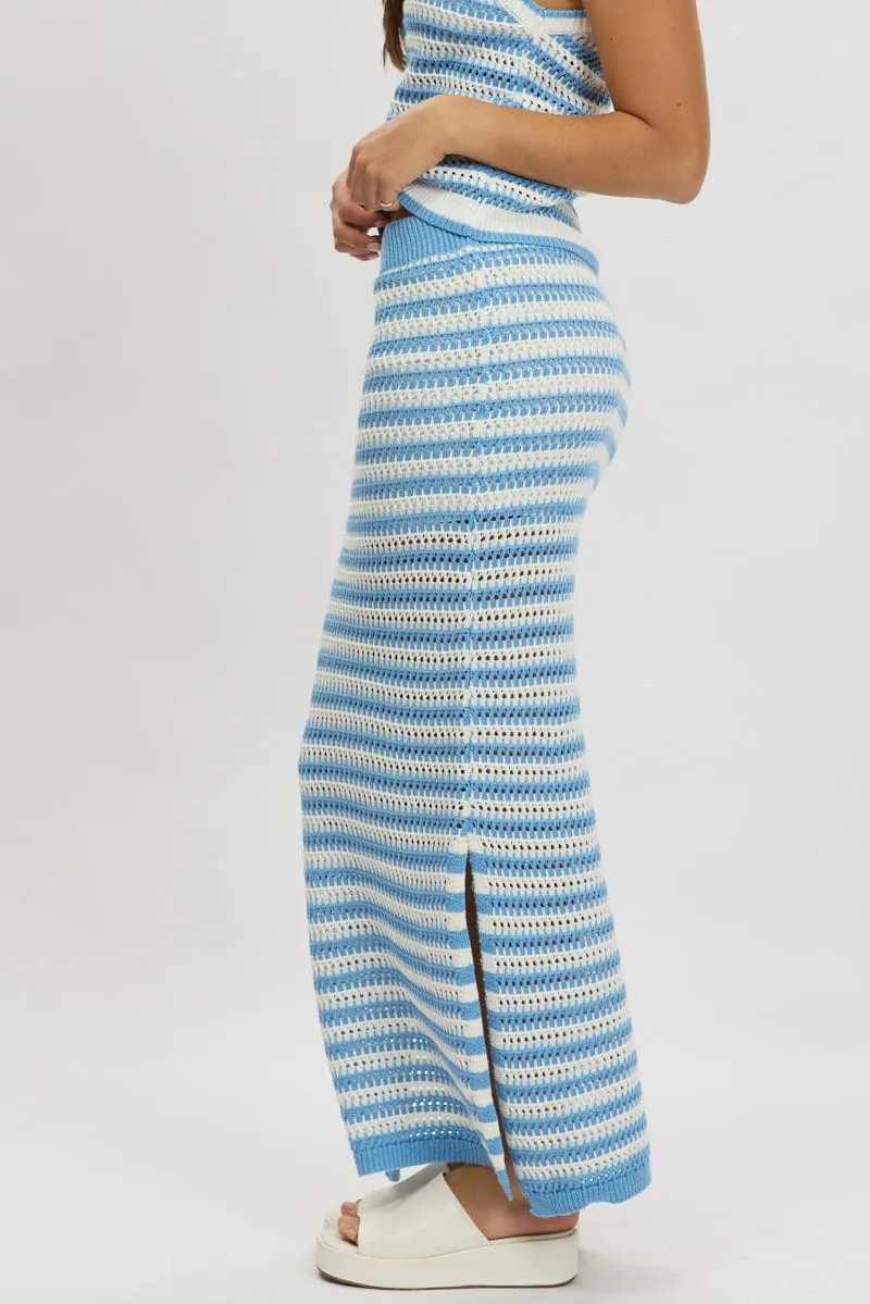 Blue Stripe Crochet Knit Skirt Elastic Waist Midi Lined