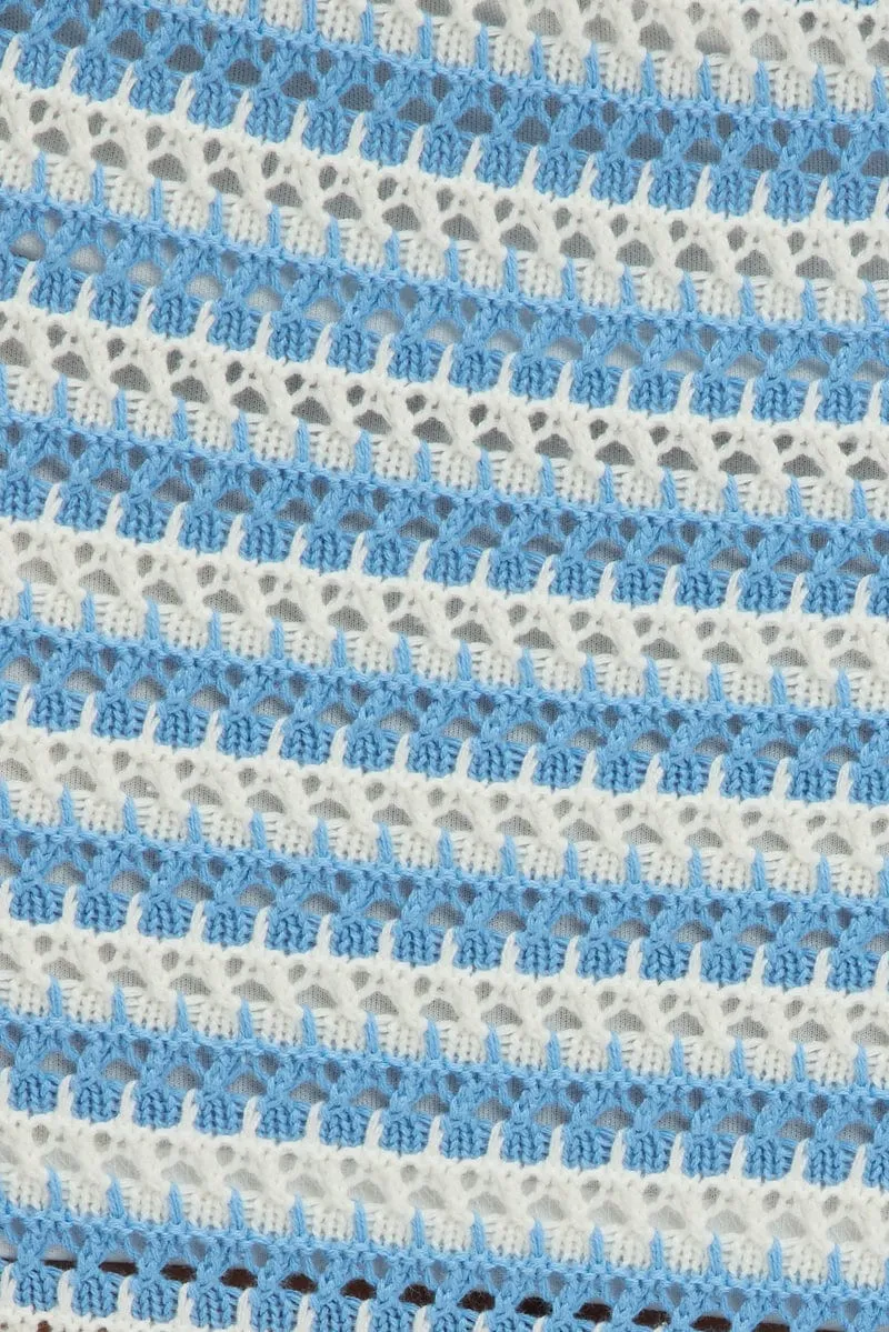 Blue Stripe Crochet Knit Skirt Elastic Waist Midi Lined