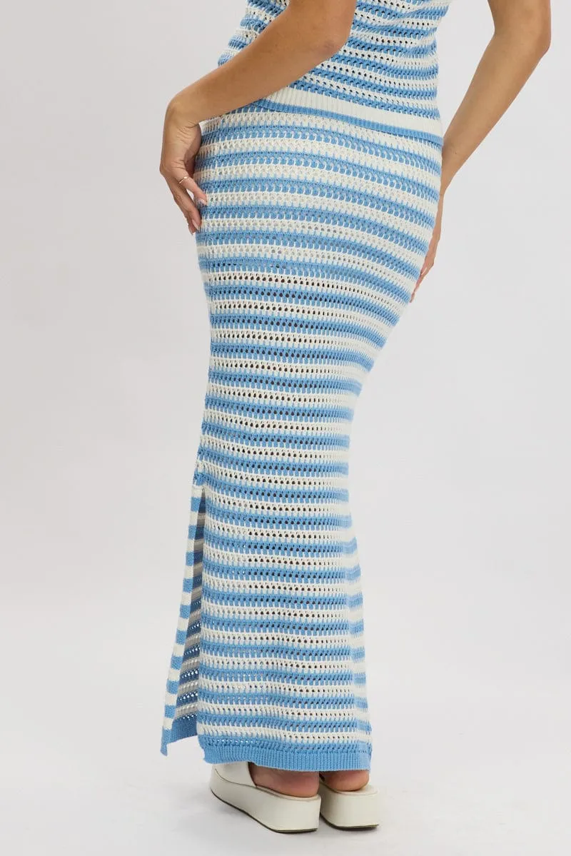 Blue Stripe Crochet Knit Skirt Elastic Waist Midi Lined