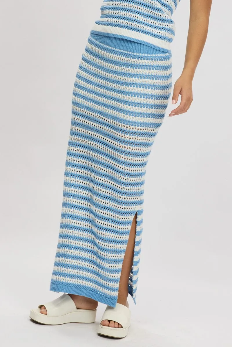 Blue Stripe Crochet Knit Skirt Elastic Waist Midi Lined