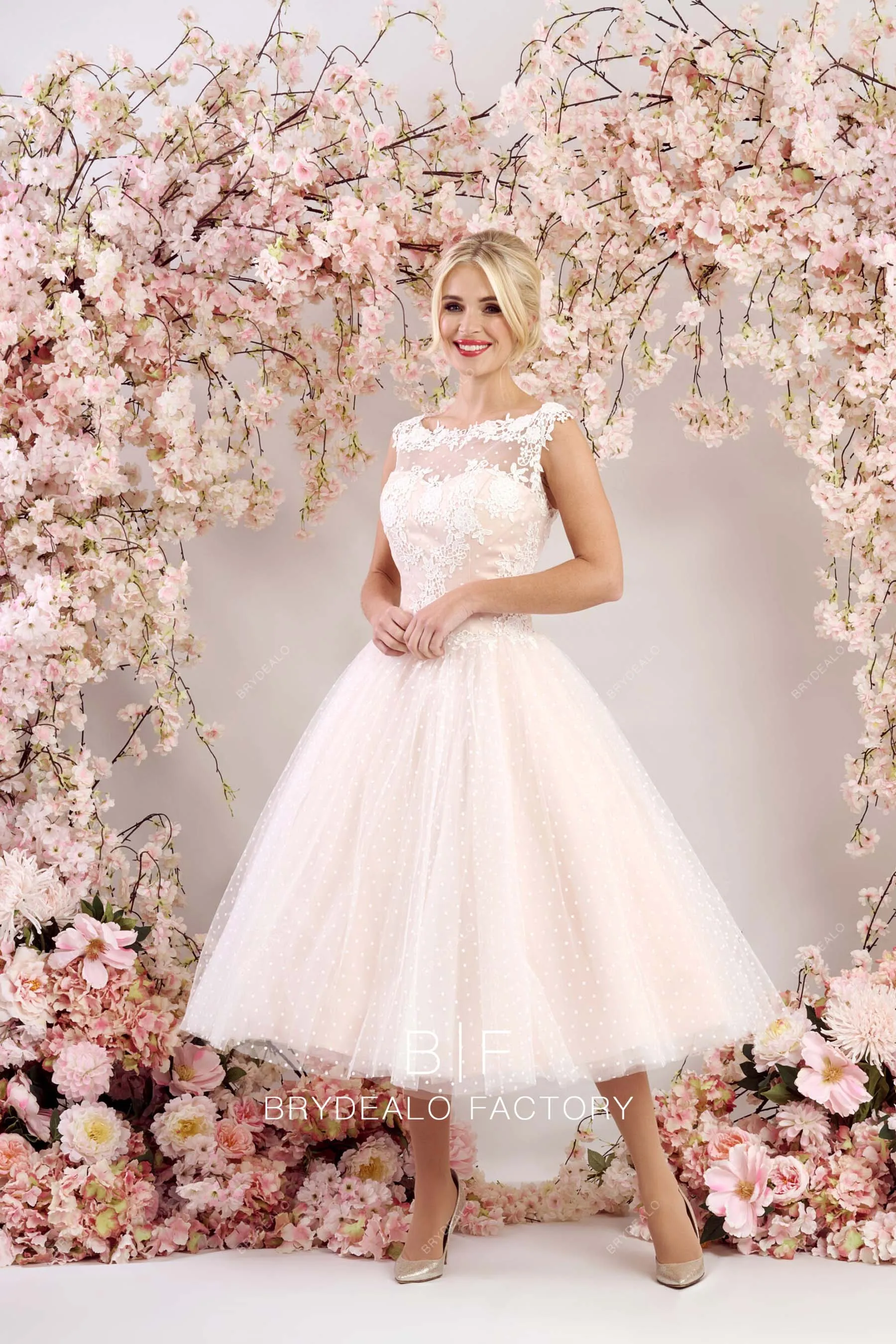 Blush Pink Cute Dot Tulle Lace Sleeveless Tea Length Bridal Gown