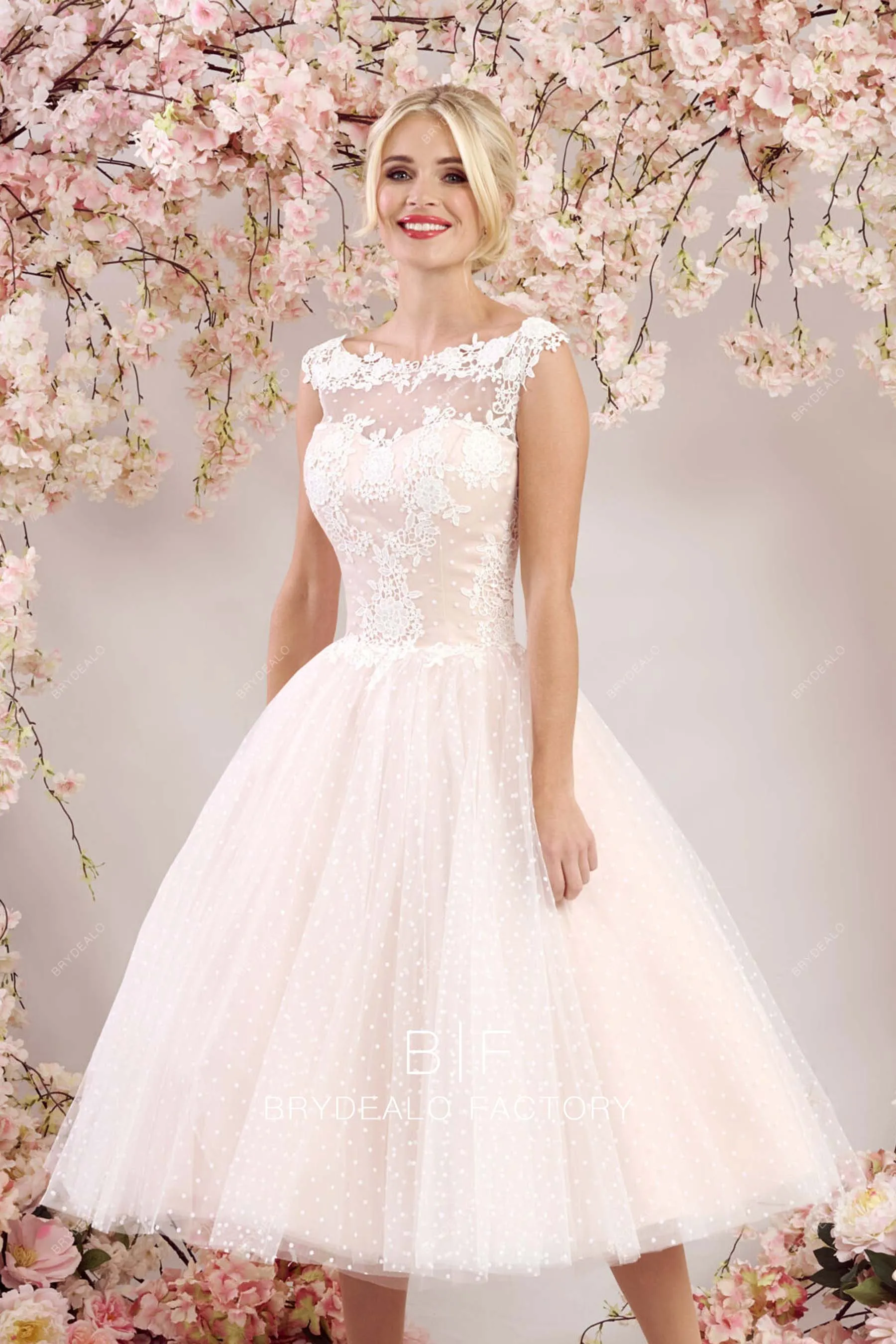 Blush Pink Cute Dot Tulle Lace Sleeveless Tea Length Bridal Gown