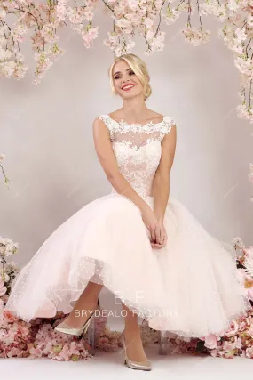 Blush Pink Cute Dot Tulle Lace Sleeveless Tea Length Bridal Gown