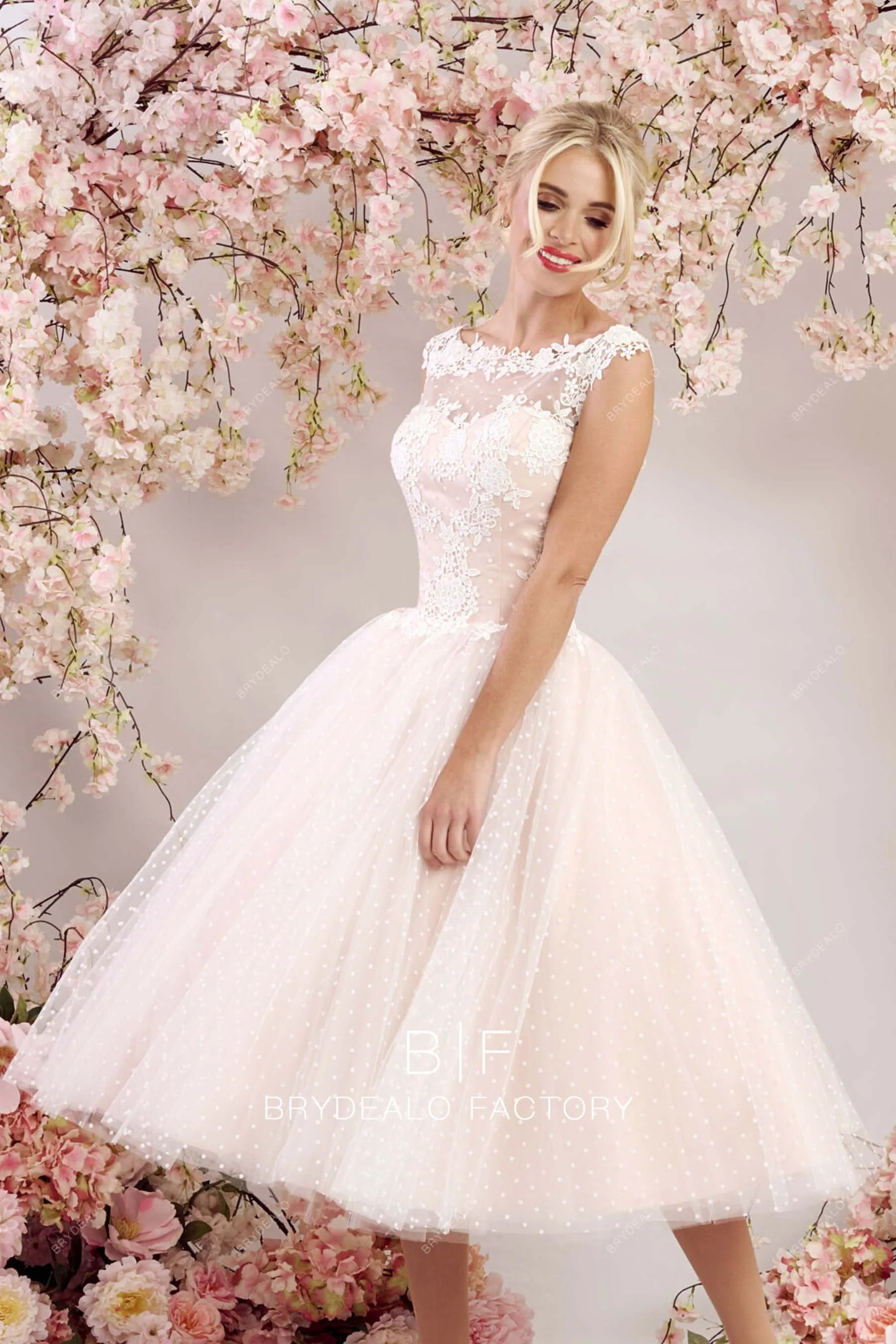 Blush Pink Cute Dot Tulle Lace Sleeveless Tea Length Bridal Gown