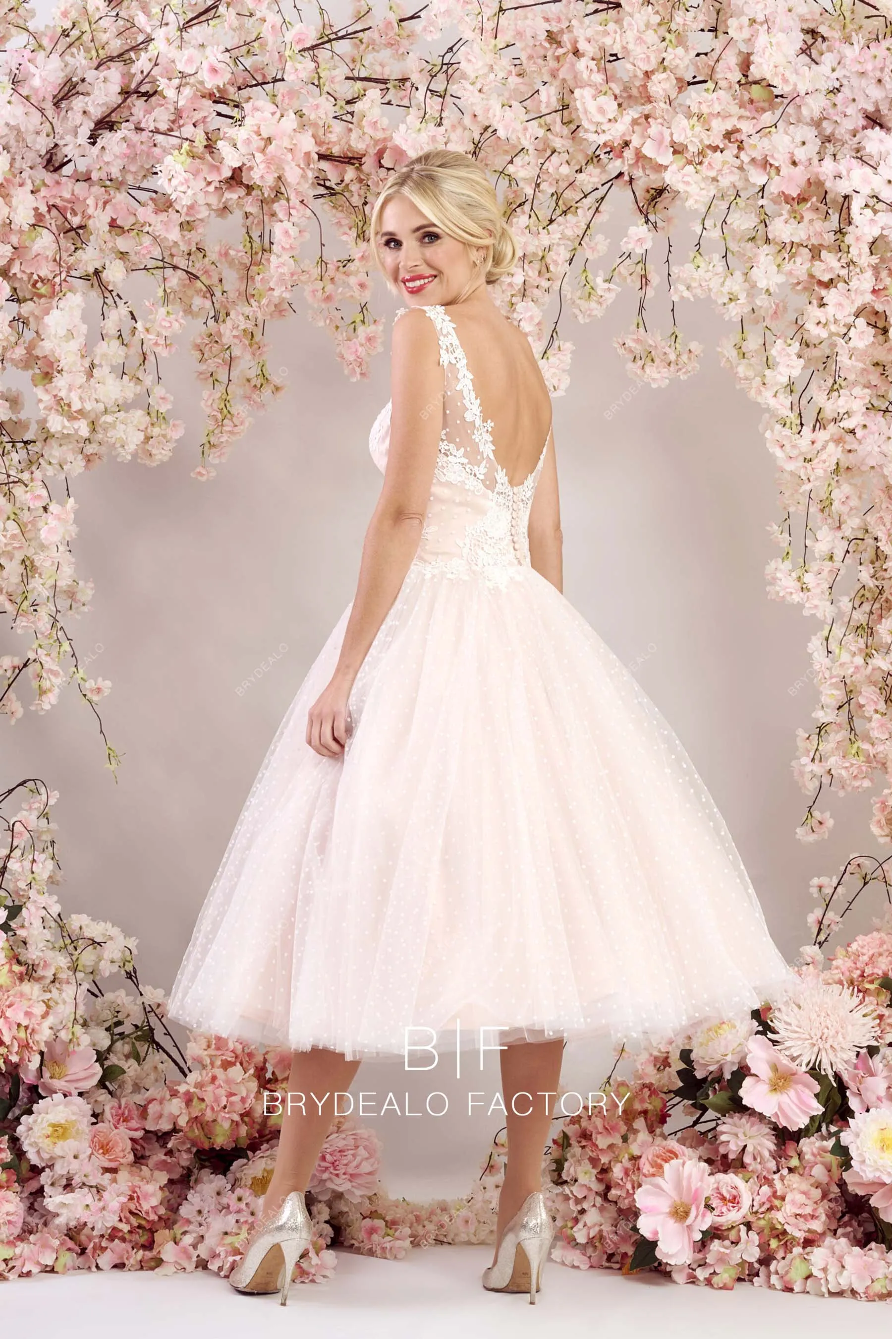 Blush Pink Cute Dot Tulle Lace Sleeveless Tea Length Bridal Gown