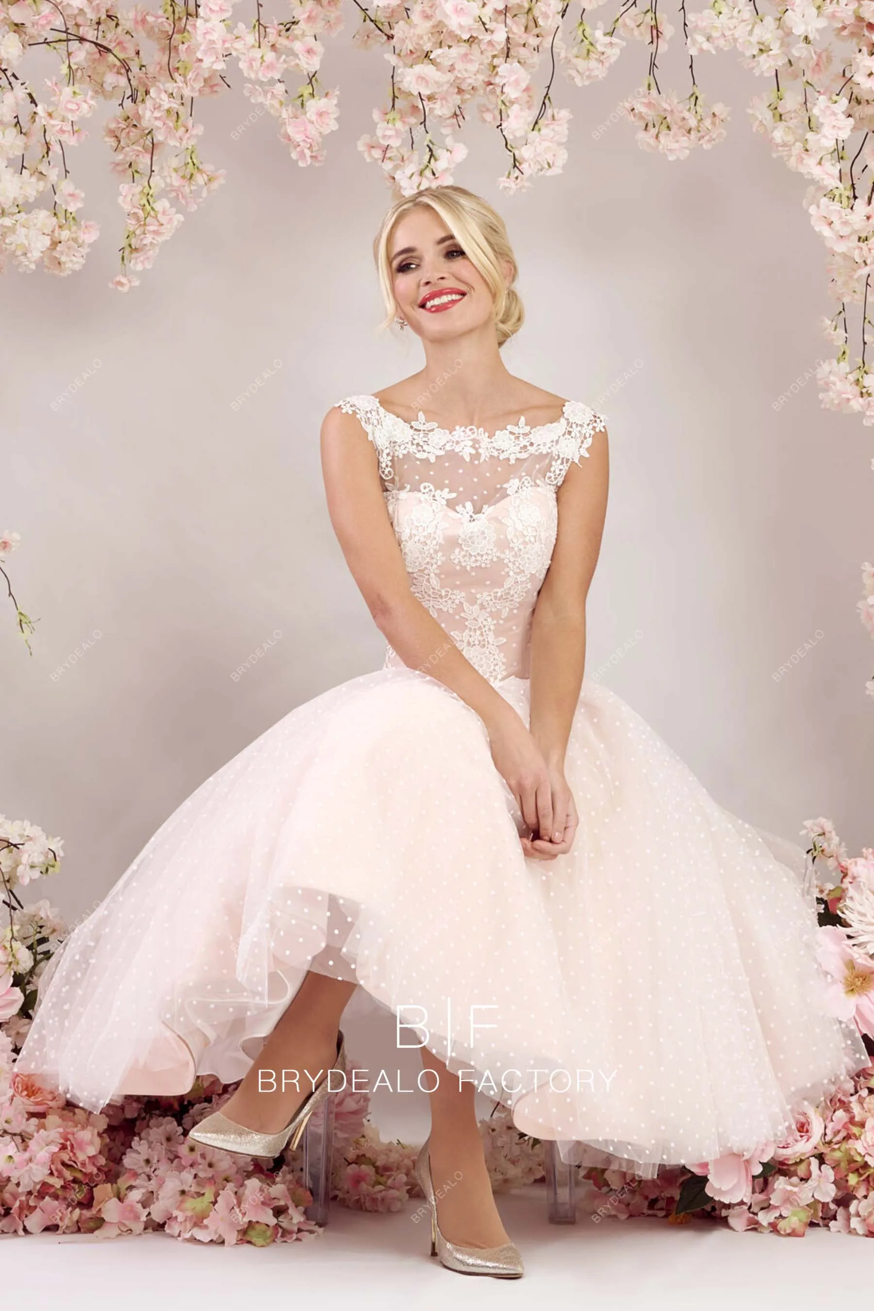 Blush Pink Cute Dot Tulle Lace Sleeveless Tea Length Bridal Gown