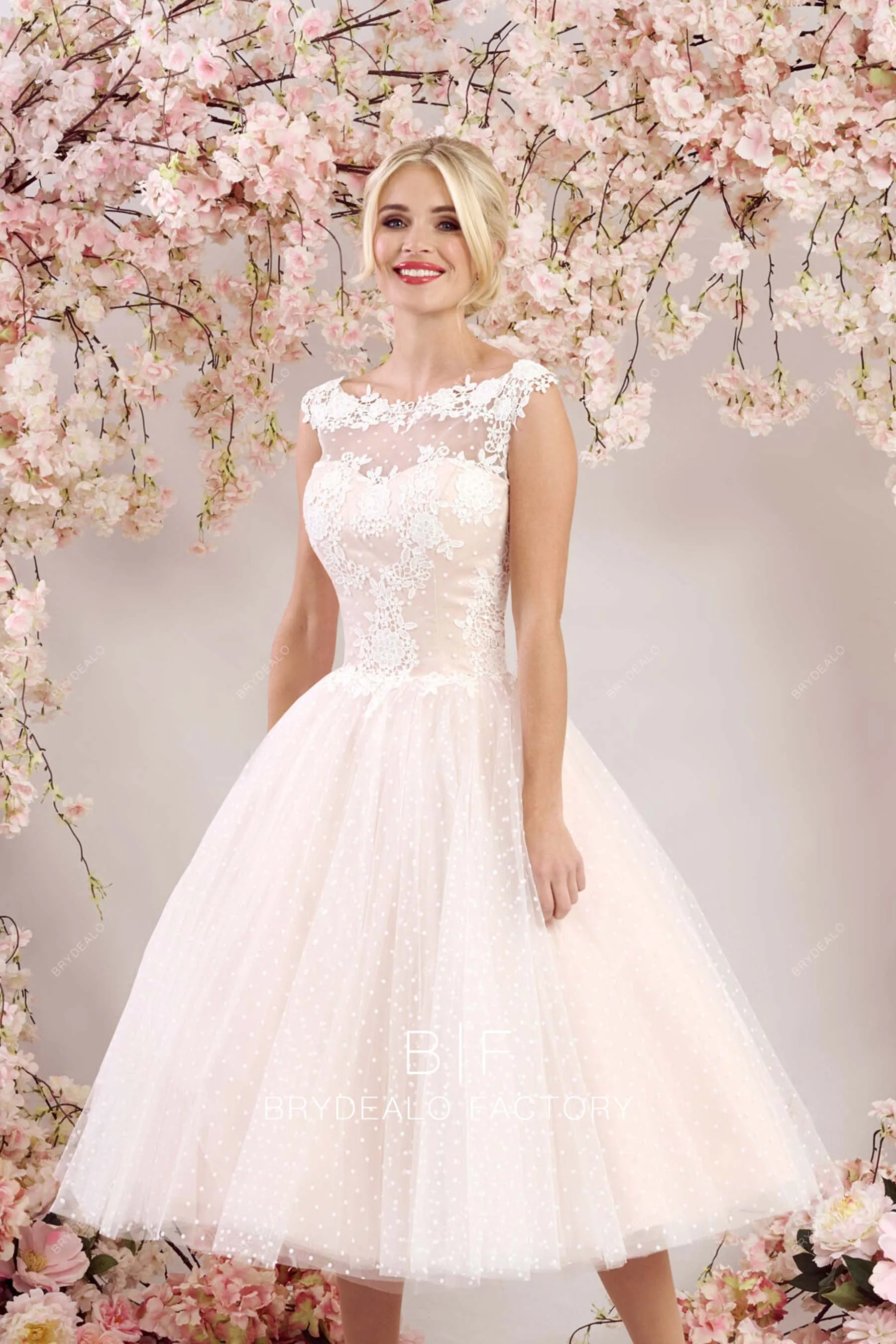 Blush Pink Cute Dot Tulle Lace Sleeveless Tea Length Bridal Gown