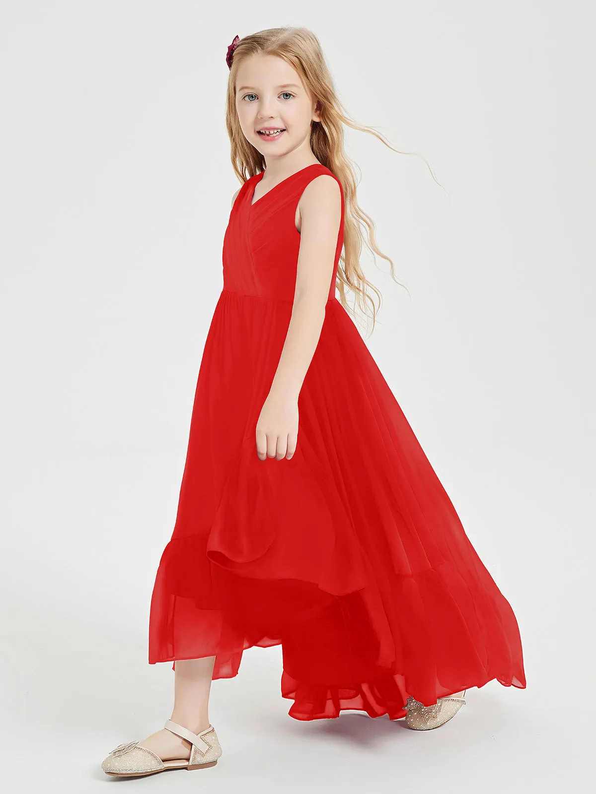 Boho Junior Bridesmaid Dresses Cascading Skirt Red
