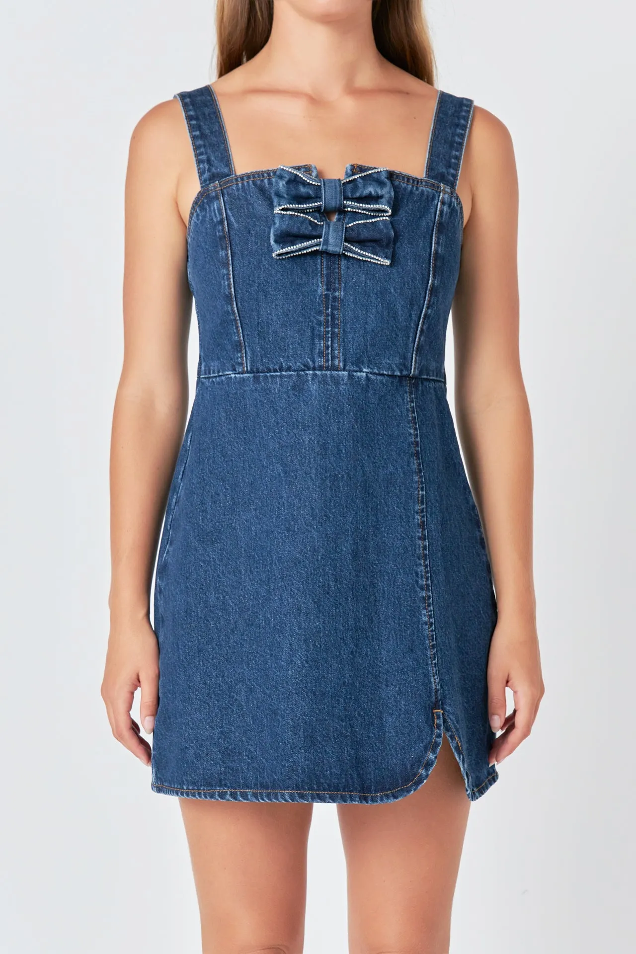 Bow Trim Denim Mini Dress