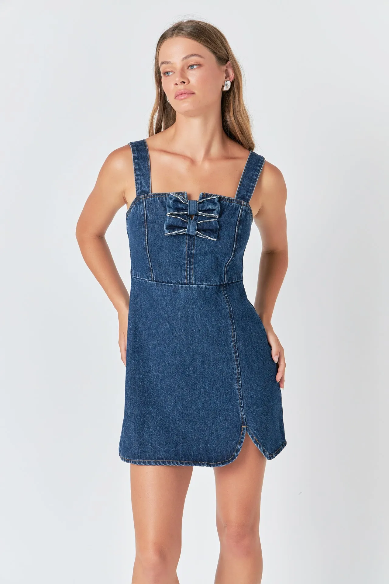 Bow Trim Denim Mini Dress