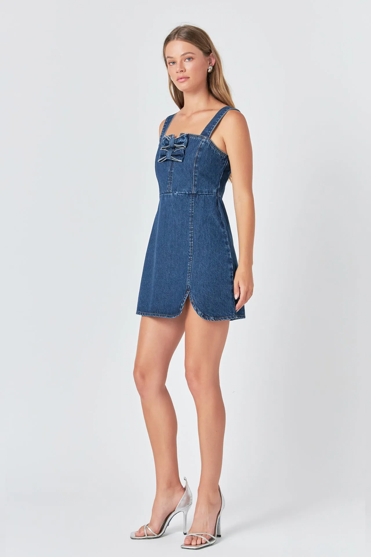 Bow Trim Denim Mini Dress