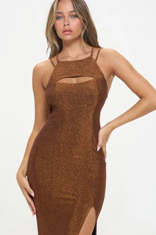 Bronze Glitter High Neck Long cut out long Dress