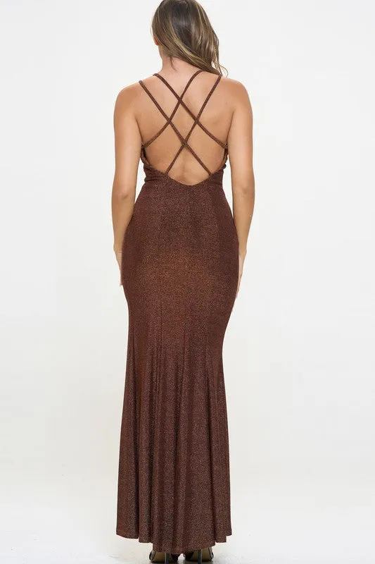 Bronze Glitter High Neck Long cut out long Dress