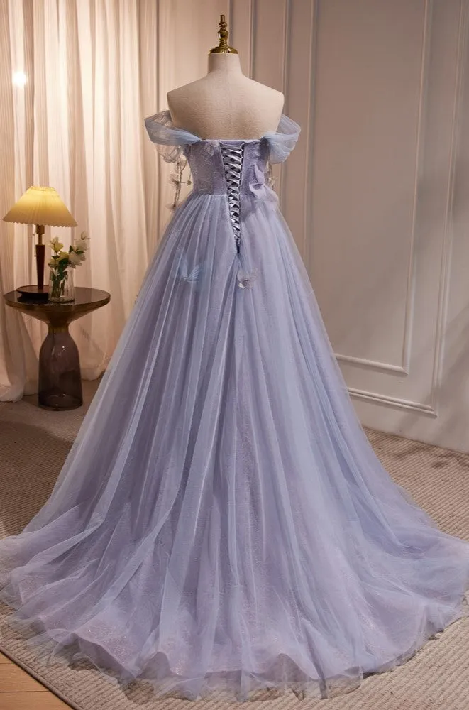 Chic Strapless Purple A Line Tulle Long Prom Dresses Unique Party Gown  LJ0606OK