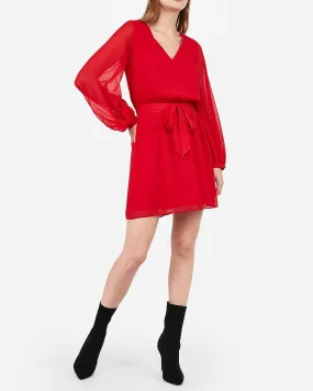 Chiffon Sleeve Sash Tie Fit And Flare Dress in Racing Red