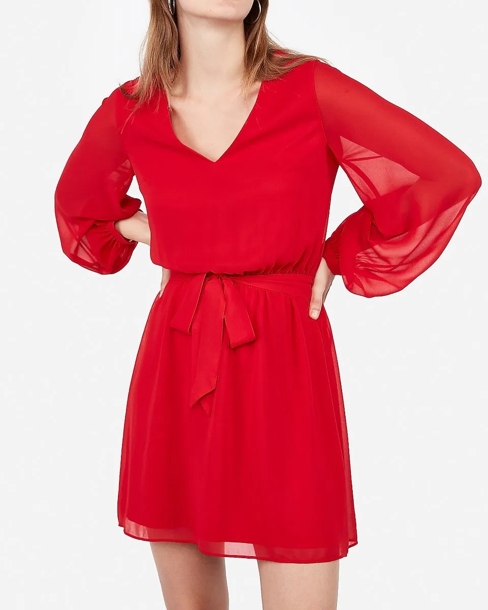 Chiffon Sleeve Sash Tie Fit And Flare Dress in Racing Red