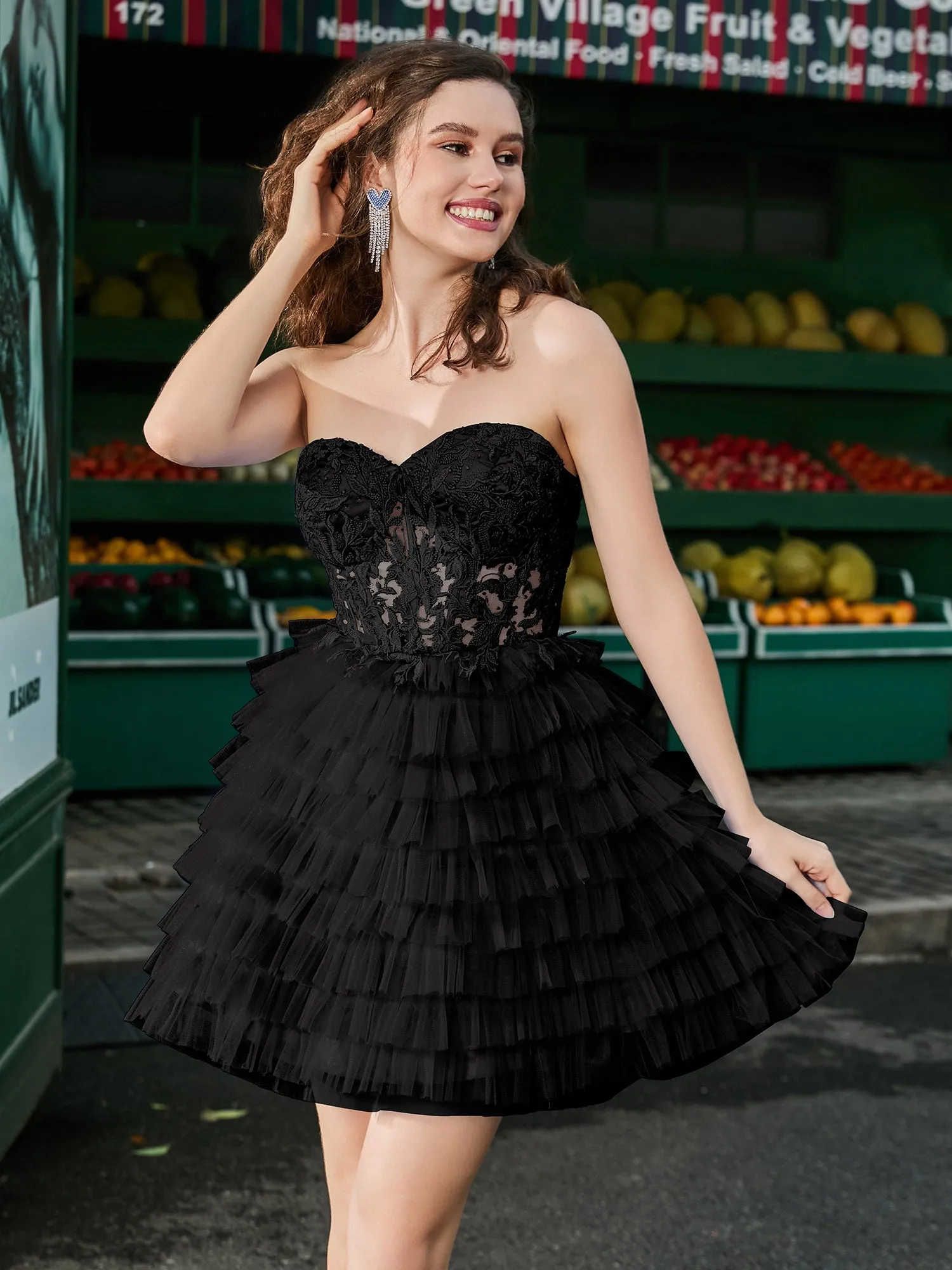 Corset Top Tiered Short Tulle Dress Black