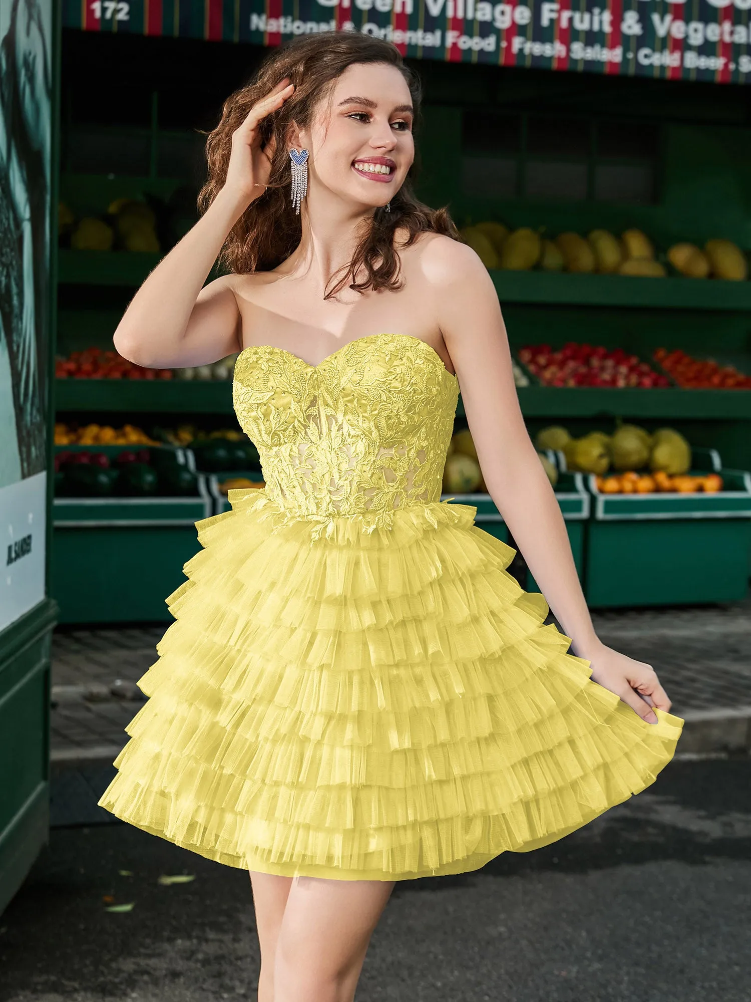 Corset Top Tiered Short Tulle Dress Daffodil
