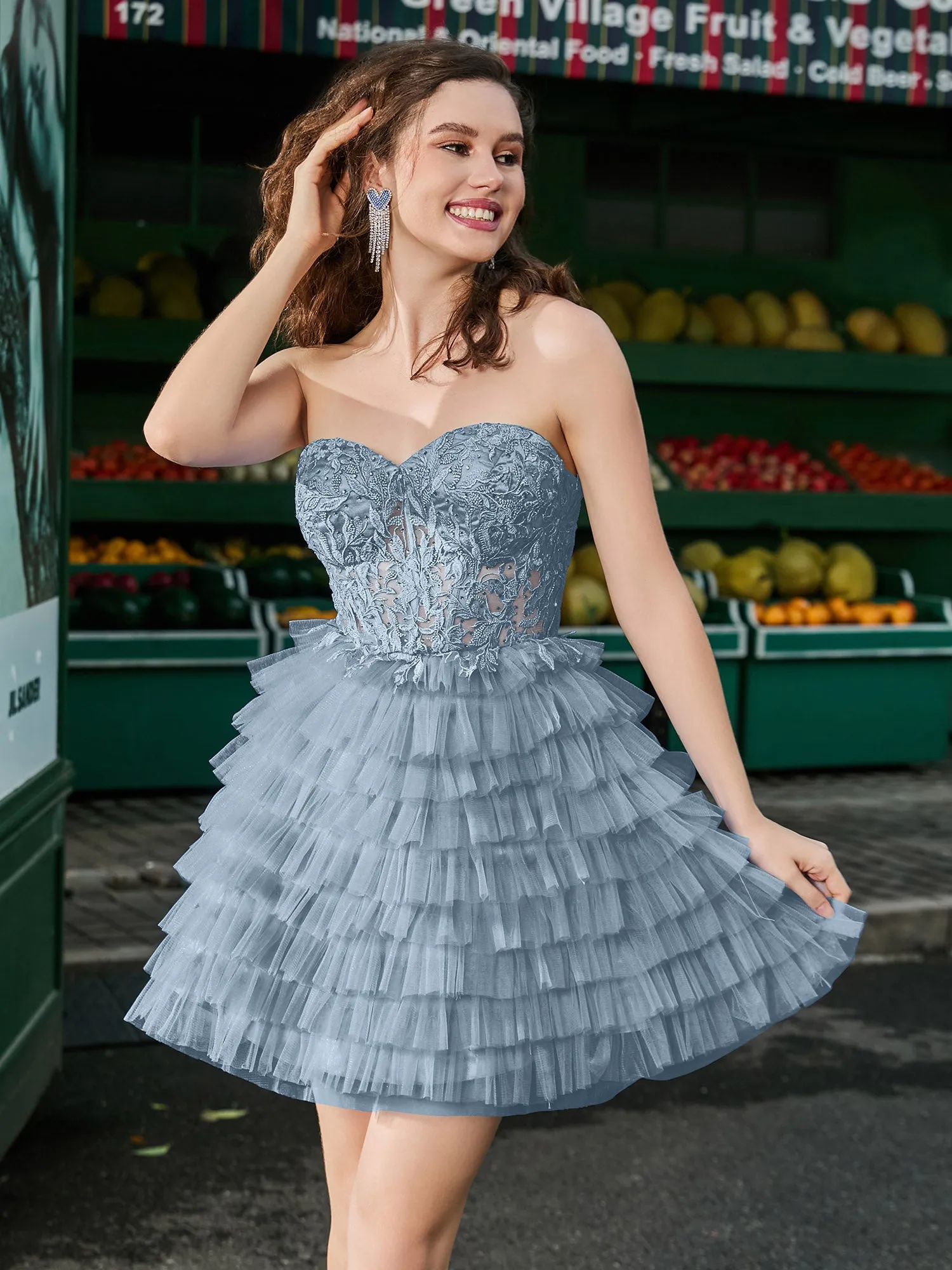 Corset Top Tiered Short Tulle Dress Dusty Blue