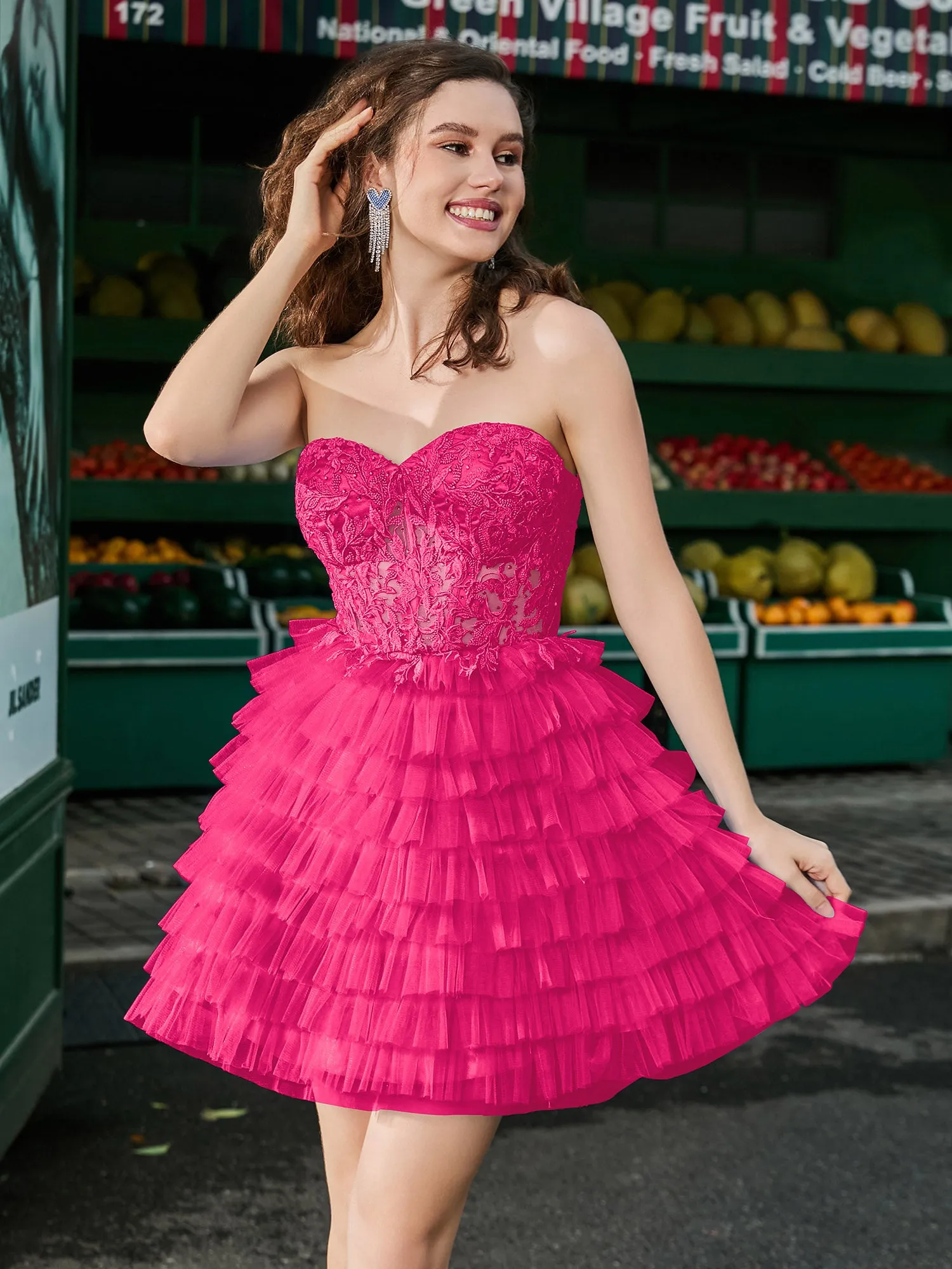 Corset Top Tiered Short Tulle Dress Fuchsia