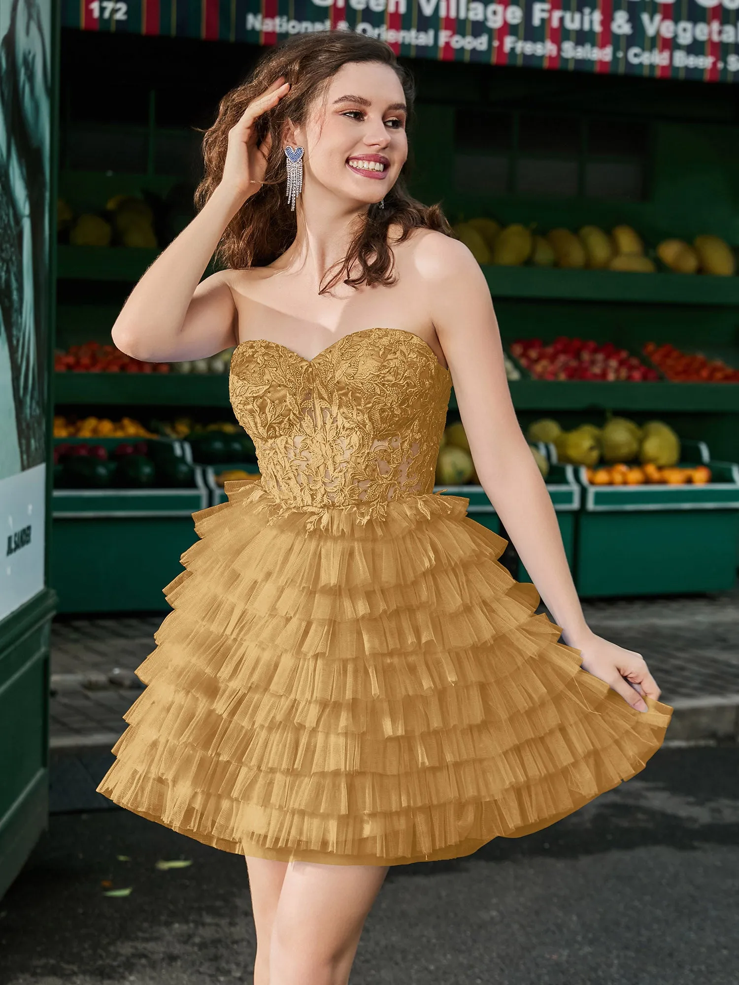 Corset Top Tiered Short Tulle Dress Gold