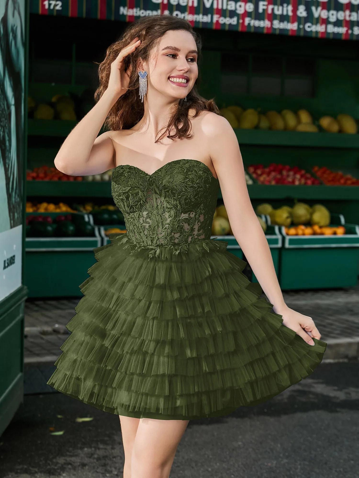 Corset Top Tiered Short Tulle Dress Olive Green