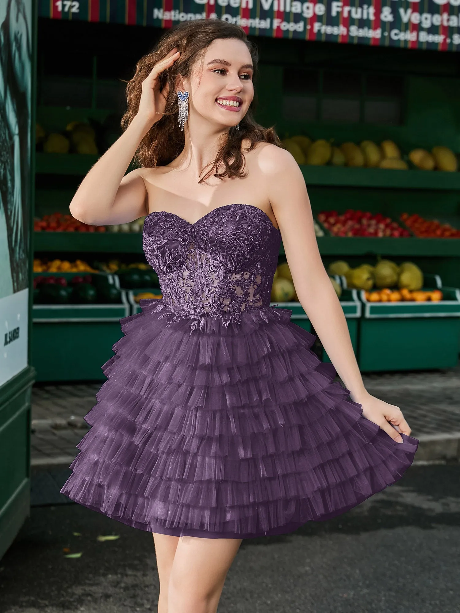 Corset Top Tiered Short Tulle Dress Plum