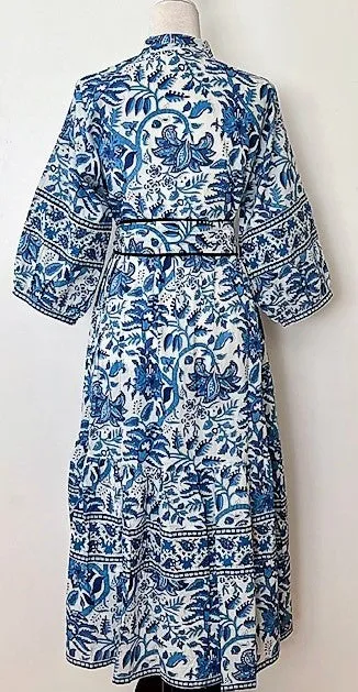 Cotton Block Print Midi Dress Is Smart With A Polished Look (Blue and white)