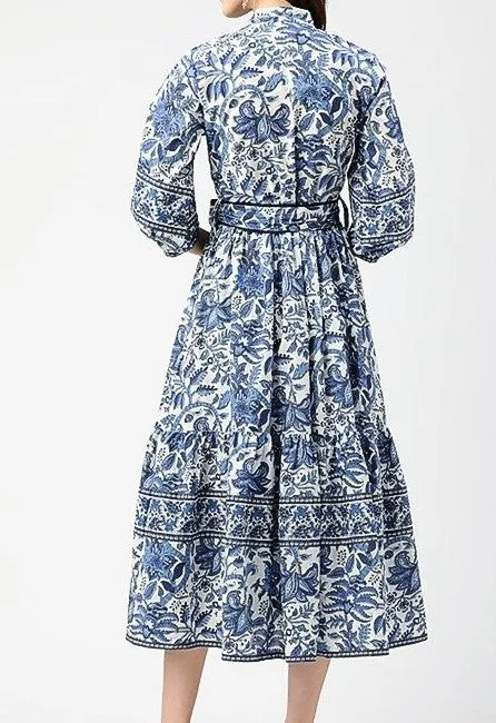 Cotton Block Print Midi Dress Is Smart With A Polished Look (Blue and white)