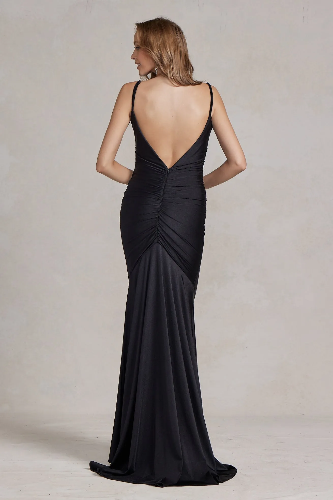 Cowl Neck Low Back Mermaid Open V-Back Long Evening Dress