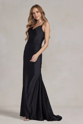 Cowl Neck Low Back Mermaid Open V-Back Long Evening Dress