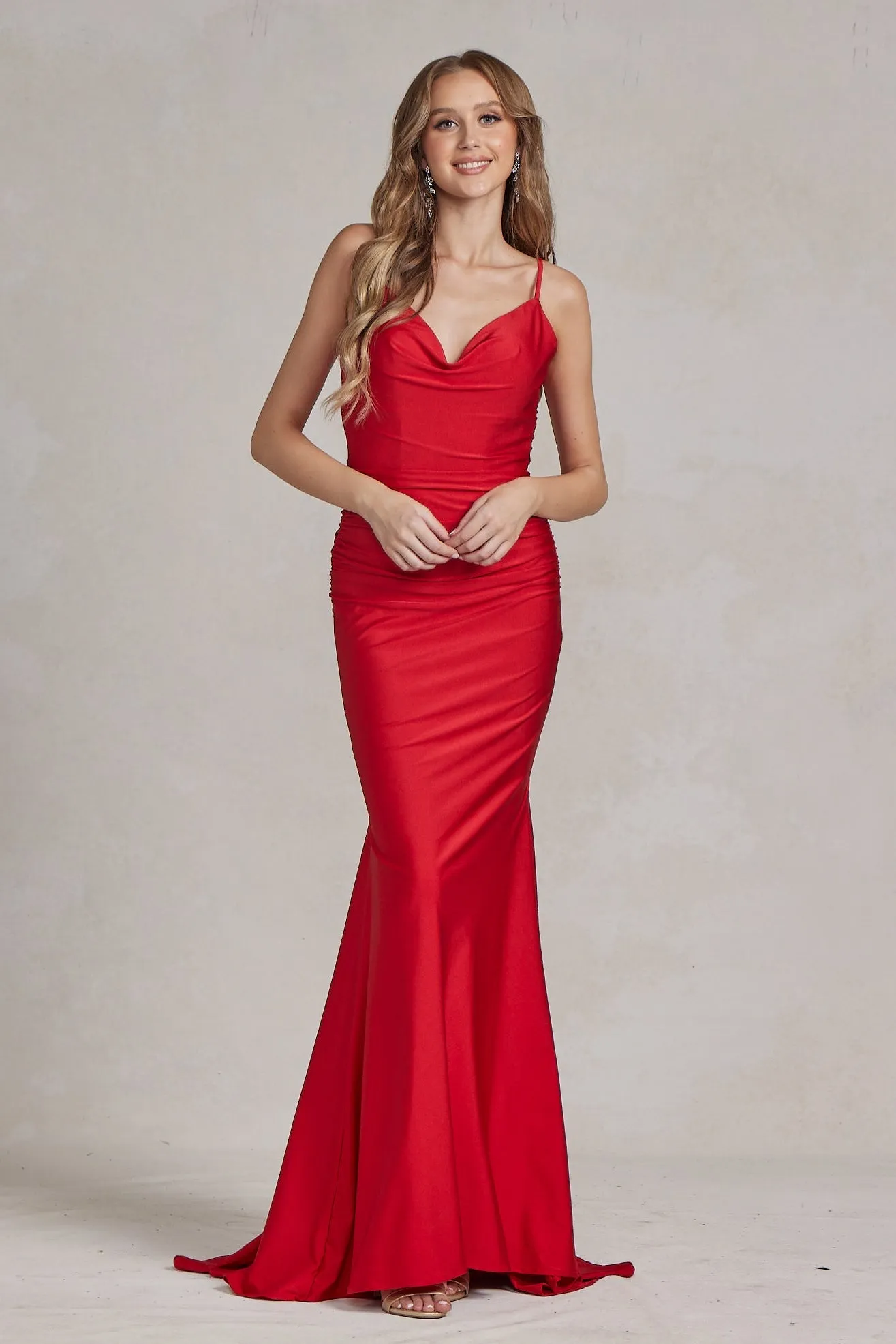 Cowl Neck Low Back Mermaid Open V-Back Long Evening Dress