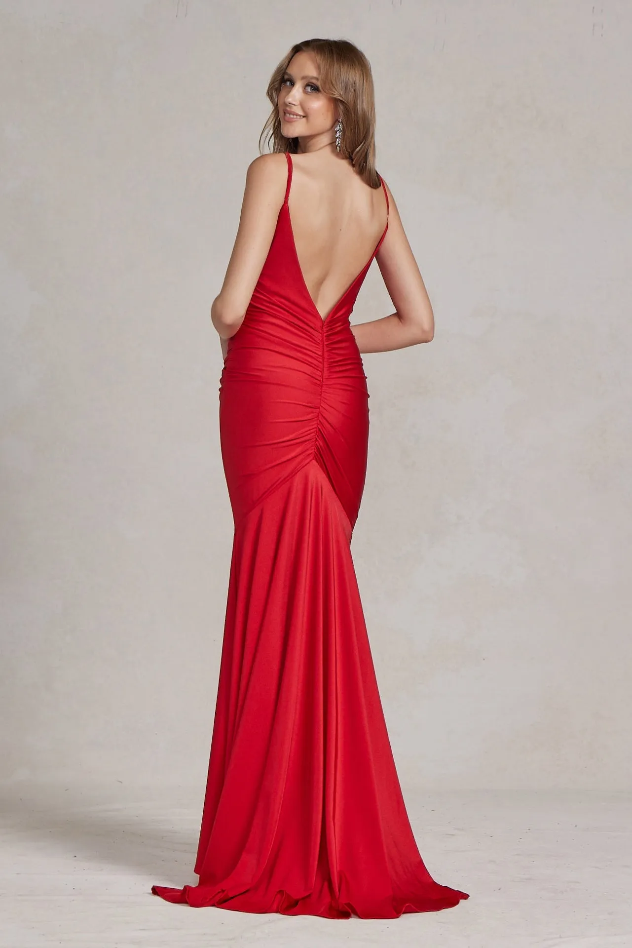 Cowl Neck Low Back Mermaid Open V-Back Long Evening Dress
