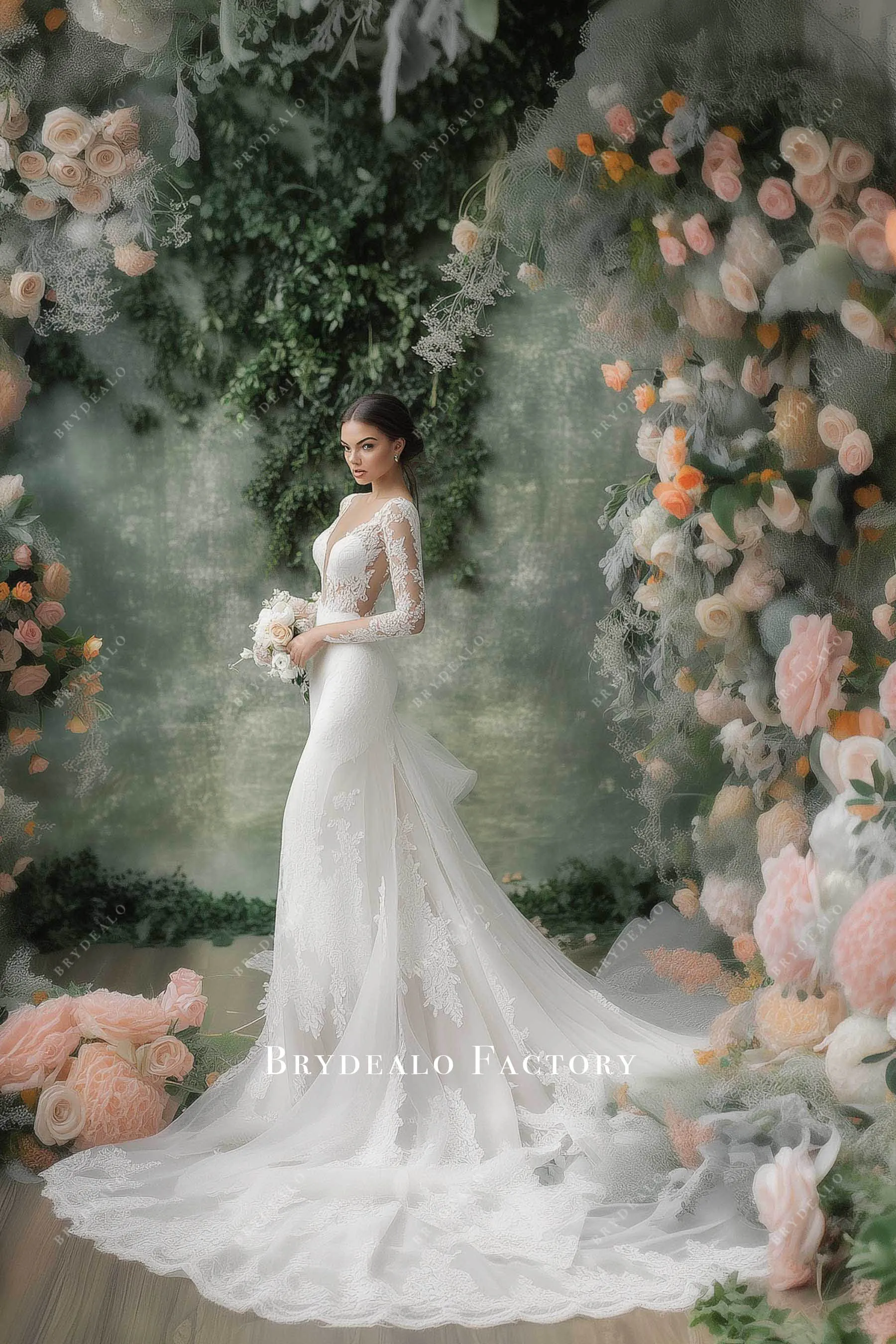 Custom Long Sleeve Lace Mermaid Wedding Dress