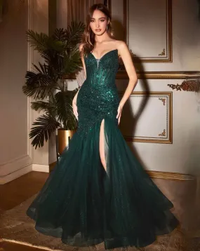 Daisy Beaded Strapless Gown - Emerald