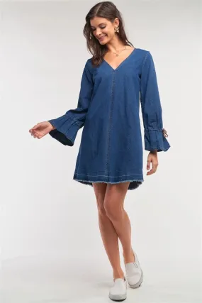 Dark Denim V-Neck Flare Hem Long Sleeve Multi Color Lace Detail Mini Dress /1-3-2