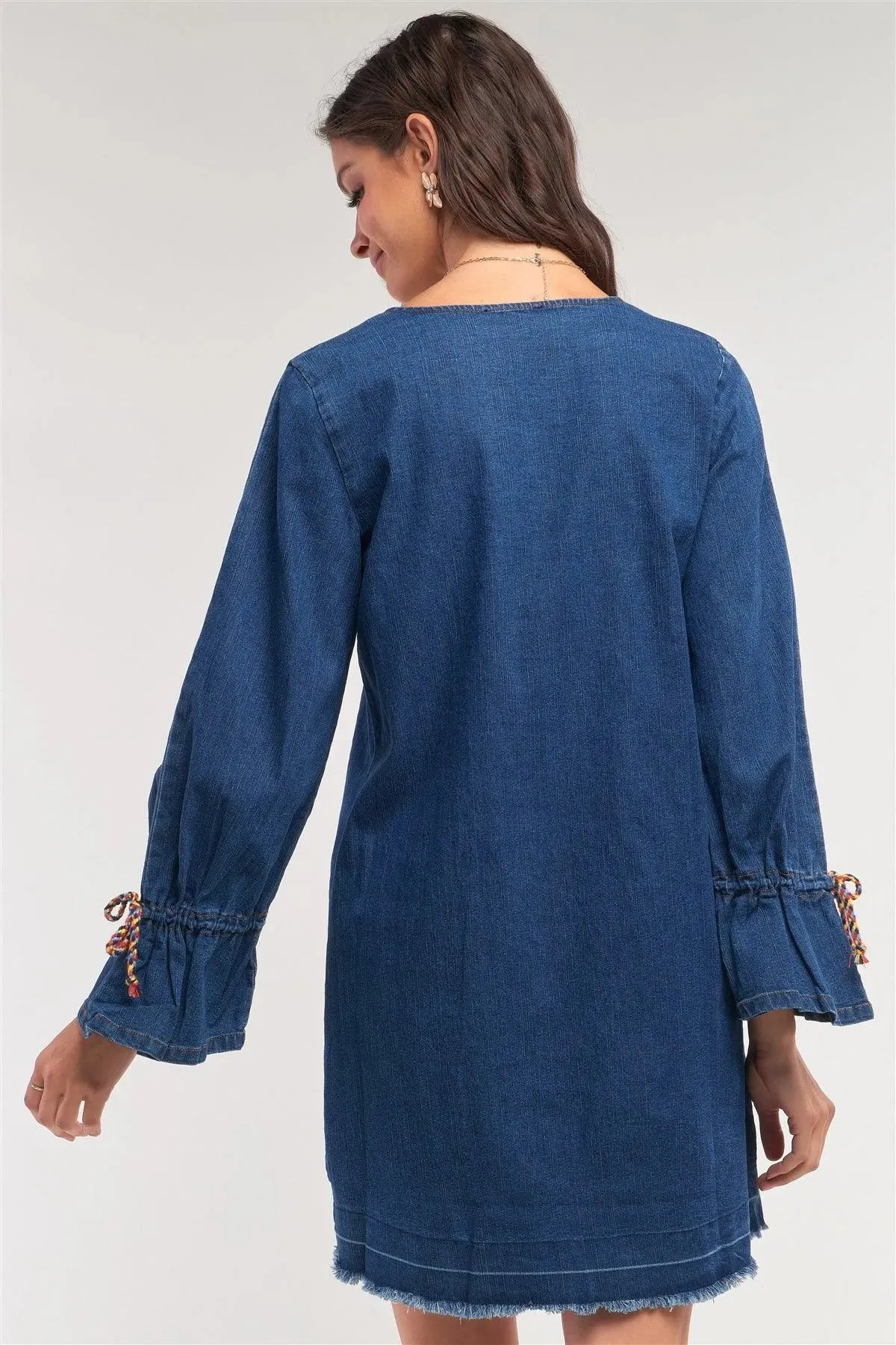 Dark Denim V-Neck Flare Hem Long Sleeve Multi Color Lace Detail Mini Dress /1-3-2