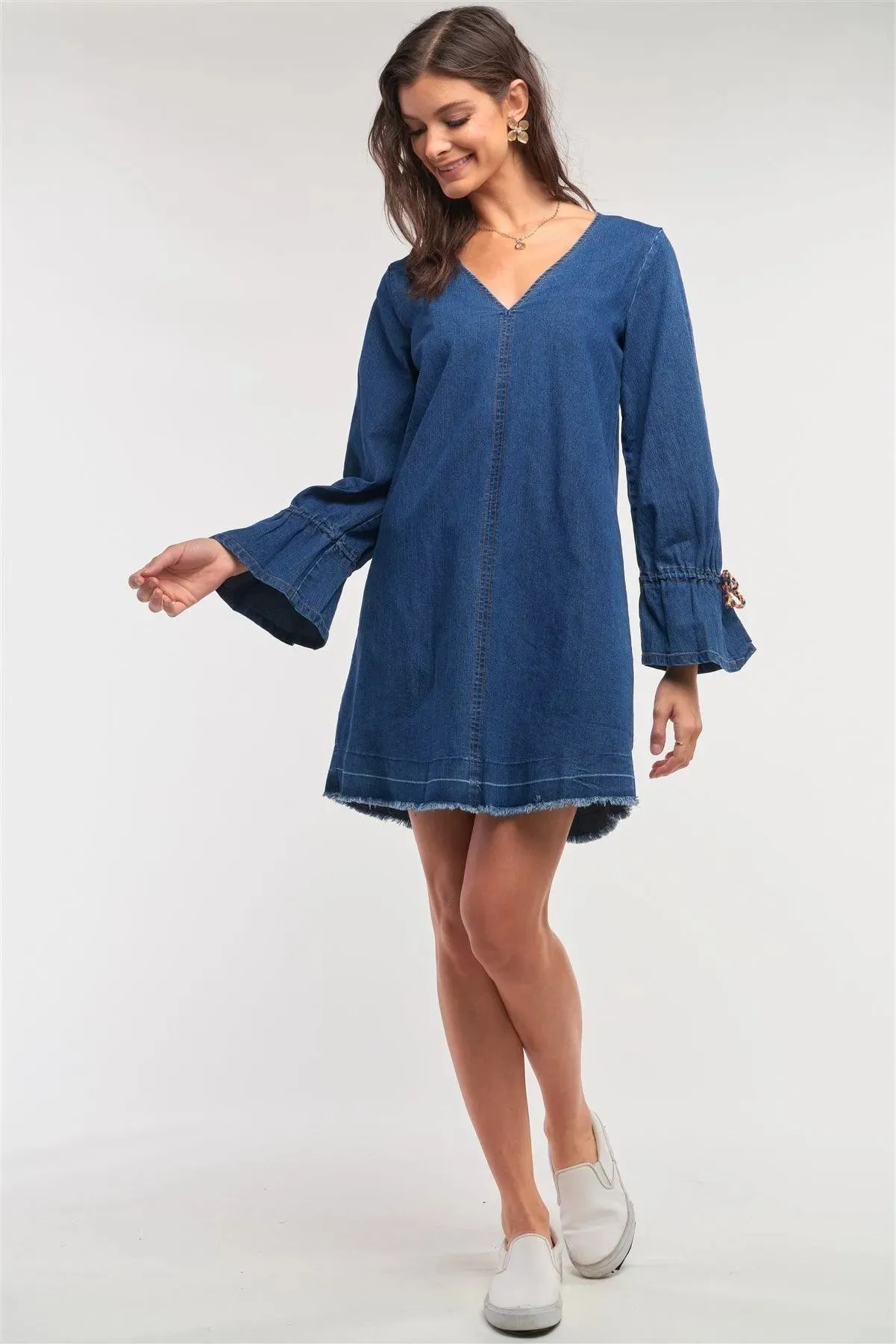 Dark Denim V-Neck Flare Hem Long Sleeve Multi Color Lace Detail Mini Dress /1-3-2