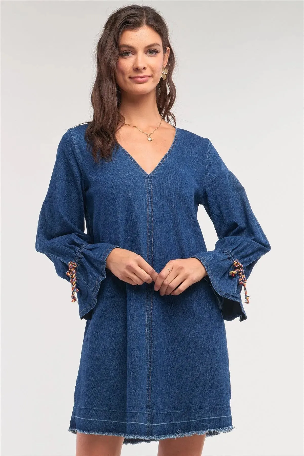 Dark Denim V-Neck Flare Hem Long Sleeve Multi Color Lace Detail Mini Dress /1-3-2