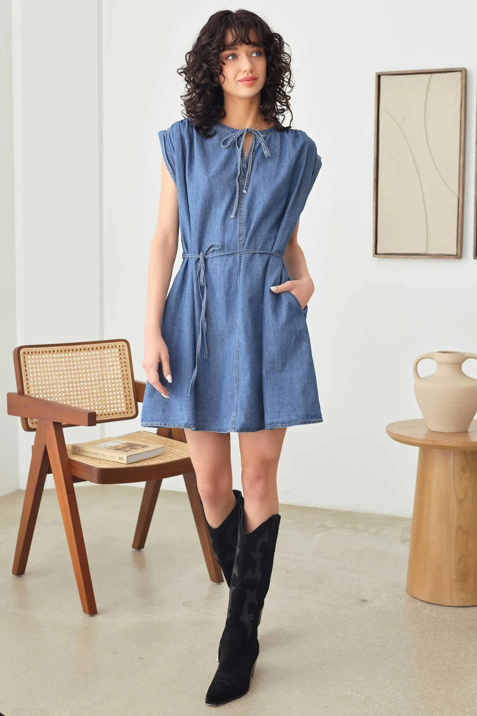 Denim Chambray Short Sleeve Front Tie Ruffle V-Neck Flare Dress