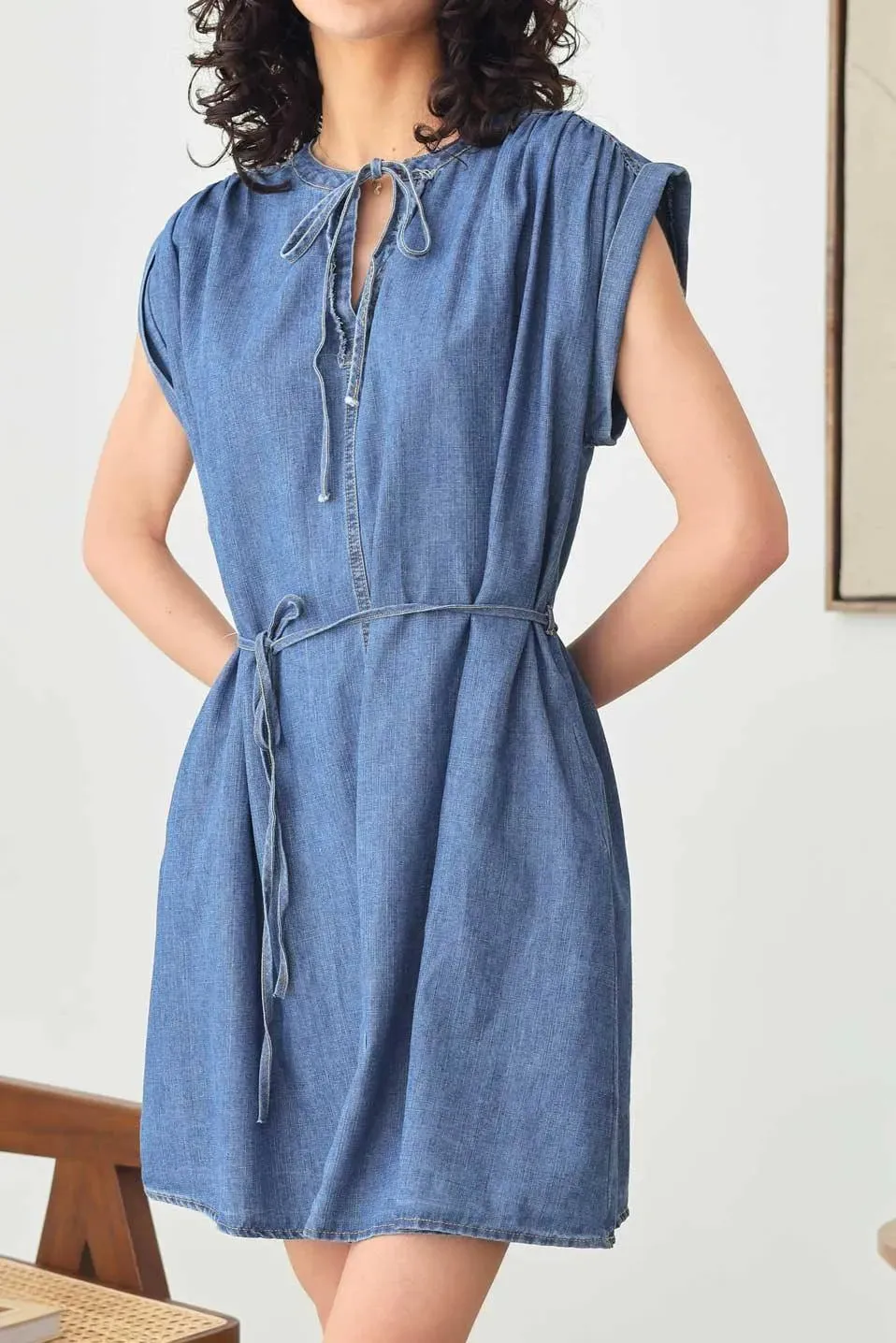 Denim Chambray Short Sleeve Front Tie Ruffle V-Neck Flare Dress