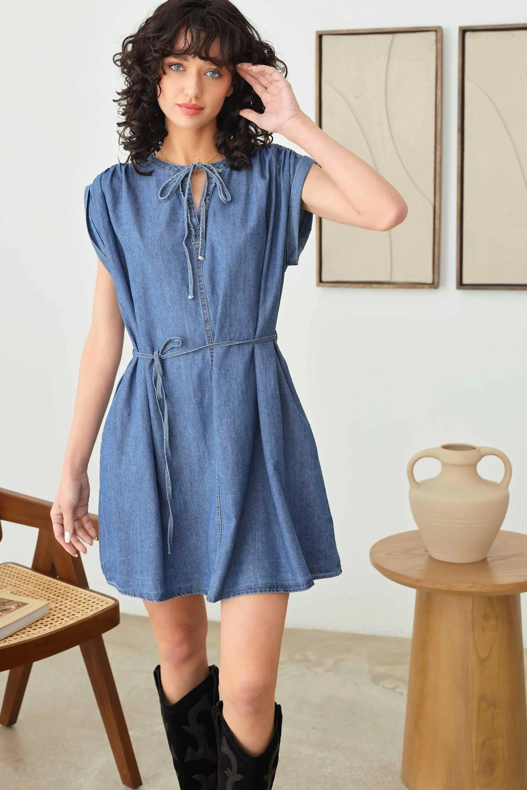 Denim Chambray Short Sleeve Front Tie Ruffle V-Neck Flare Dress