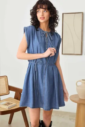 Denim Chambray Short Sleeve Front Tie Ruffle V-Neck Flare Dress
