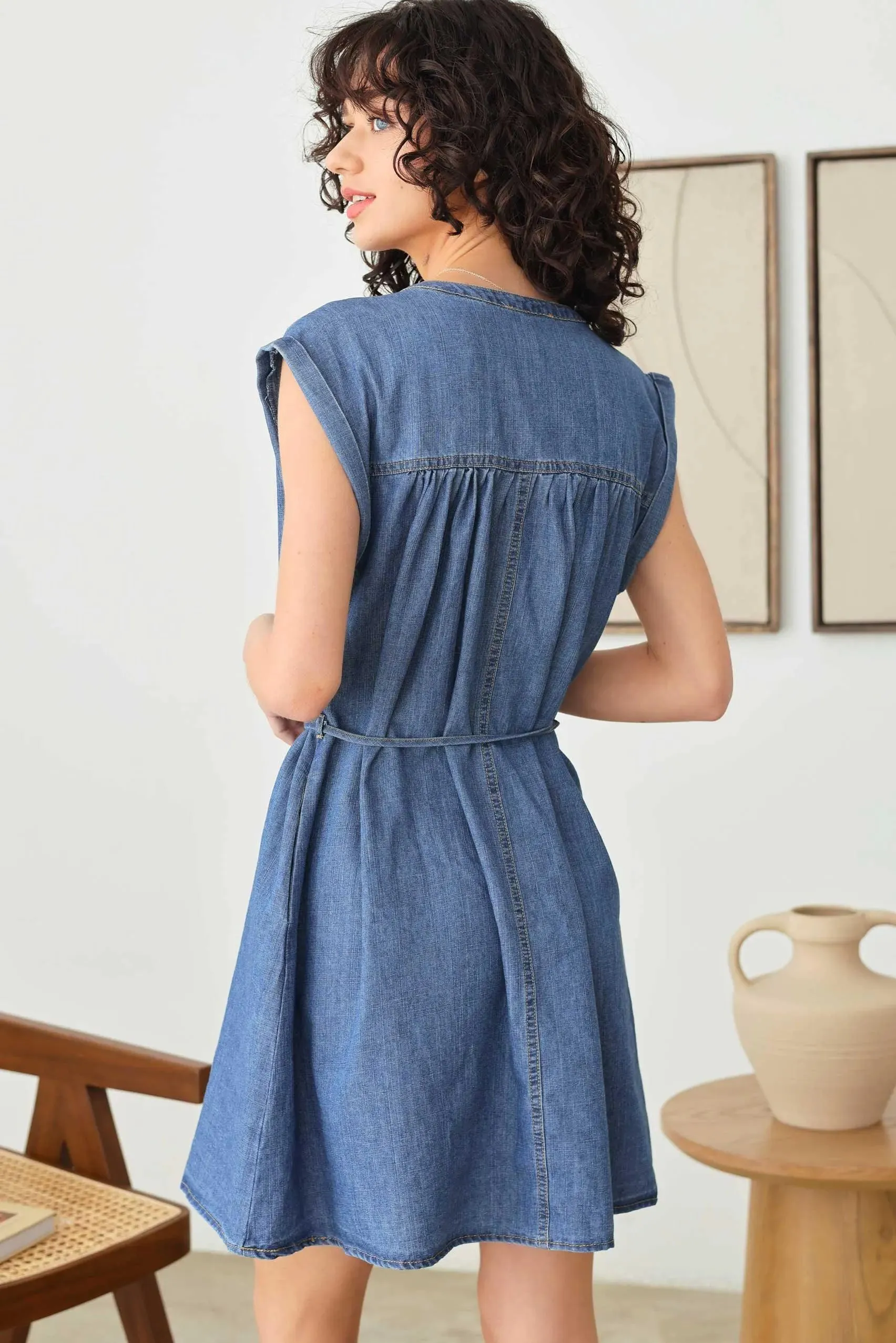 Denim Chambray Short Sleeve Front Tie Ruffle V-Neck Flare Dress