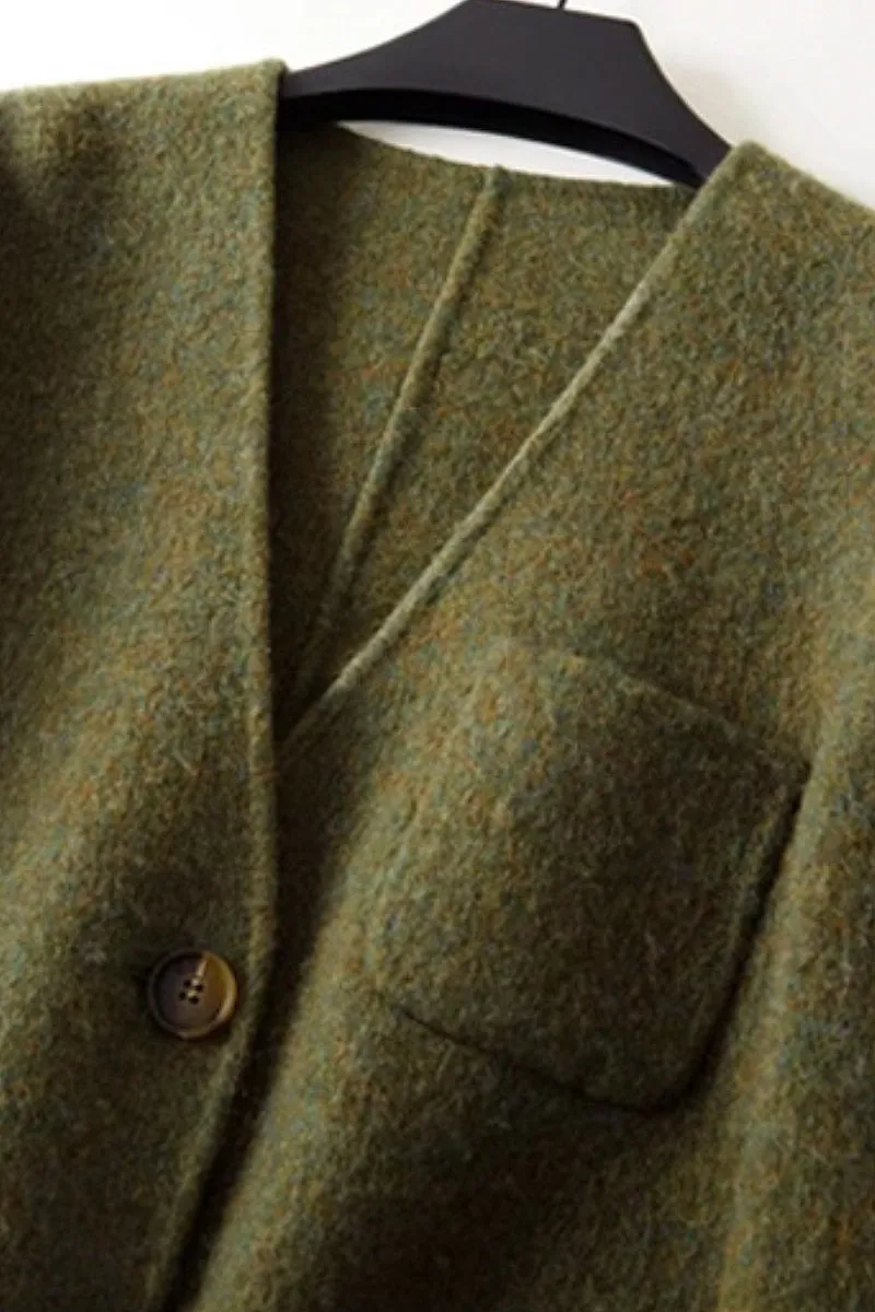 Double-Faced Silk-Camel Hair-Wool Blend V-Neck Collarless Blazer