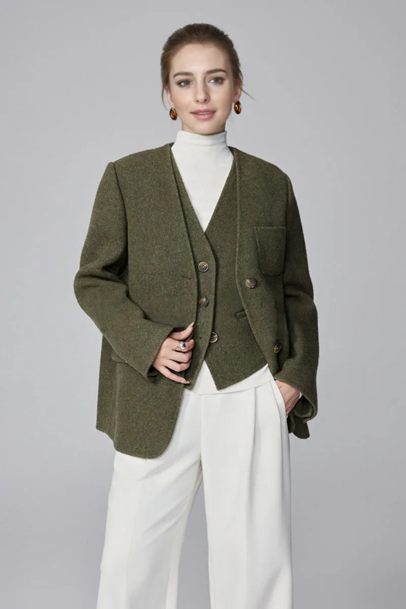 Double-Faced Silk-Camel Hair-Wool Blend V-Neck Collarless Blazer