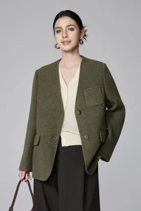 Double-Faced Silk-Camel Hair-Wool Blend V-Neck Collarless Blazer