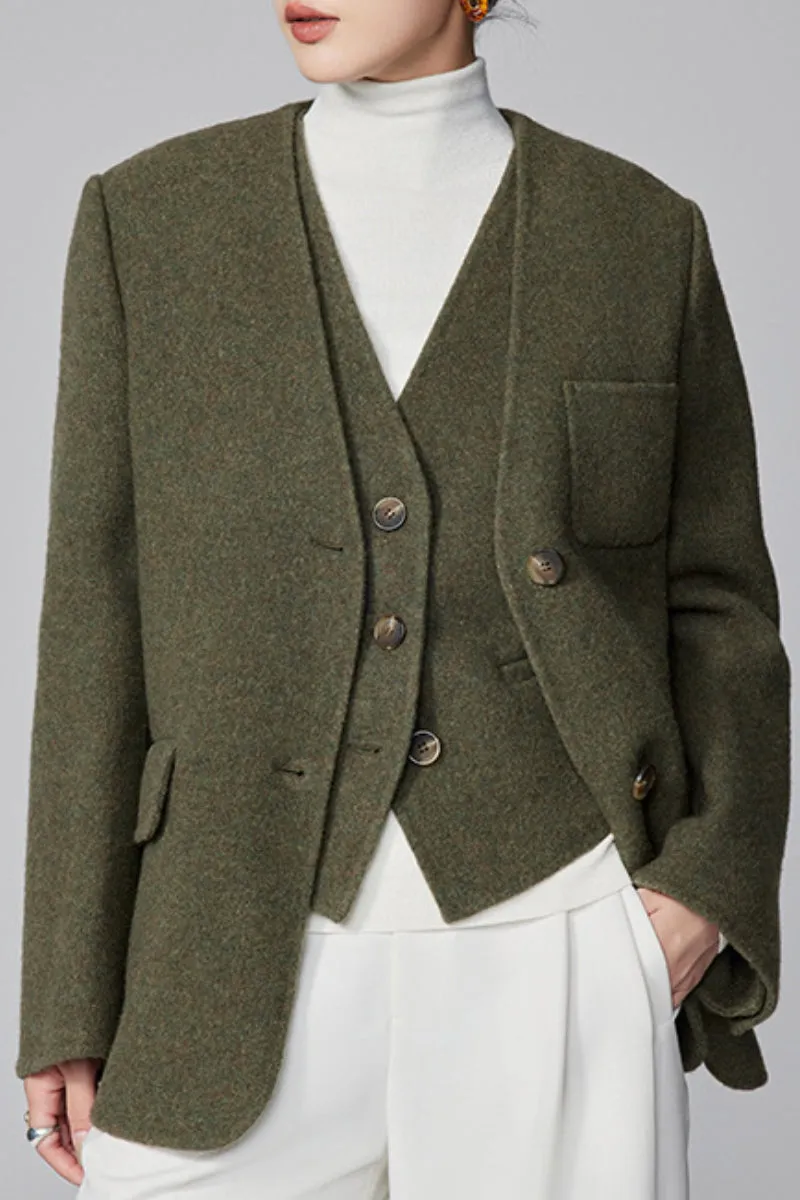 Double-Faced Silk-Camel Hair-Wool Blend V-Neck Collarless Blazer
