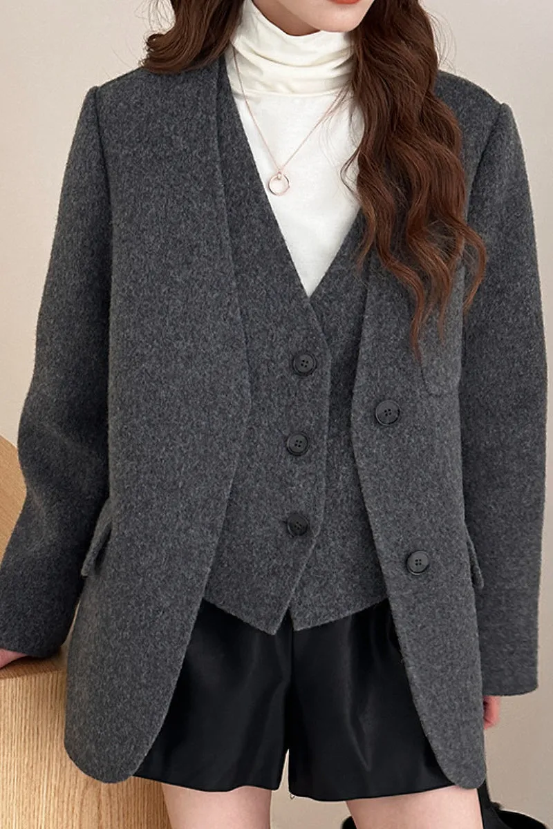 Double-Faced Silk-Camel Hair-Wool Blend V-Neck Collarless Blazer